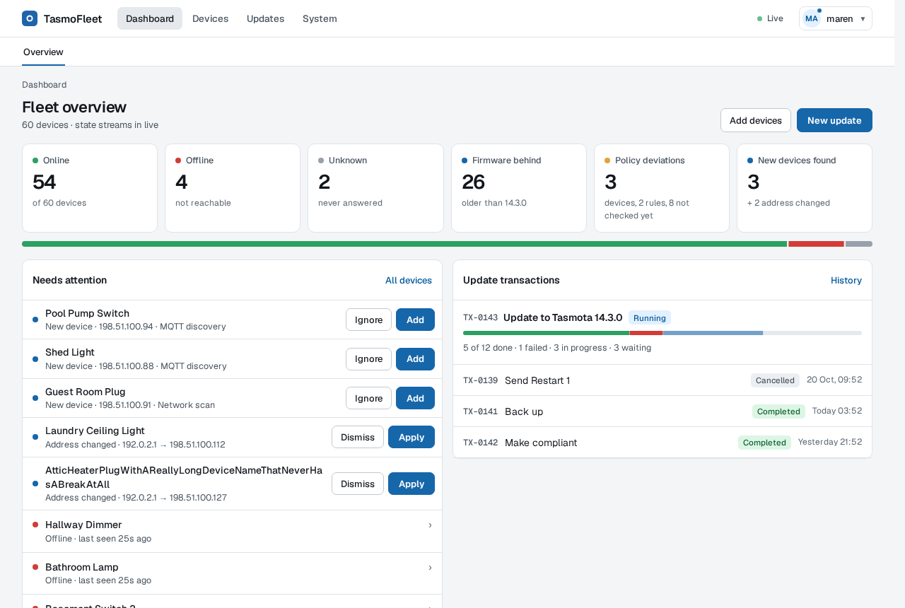 Dashboard with fleet state, attention list and transactions