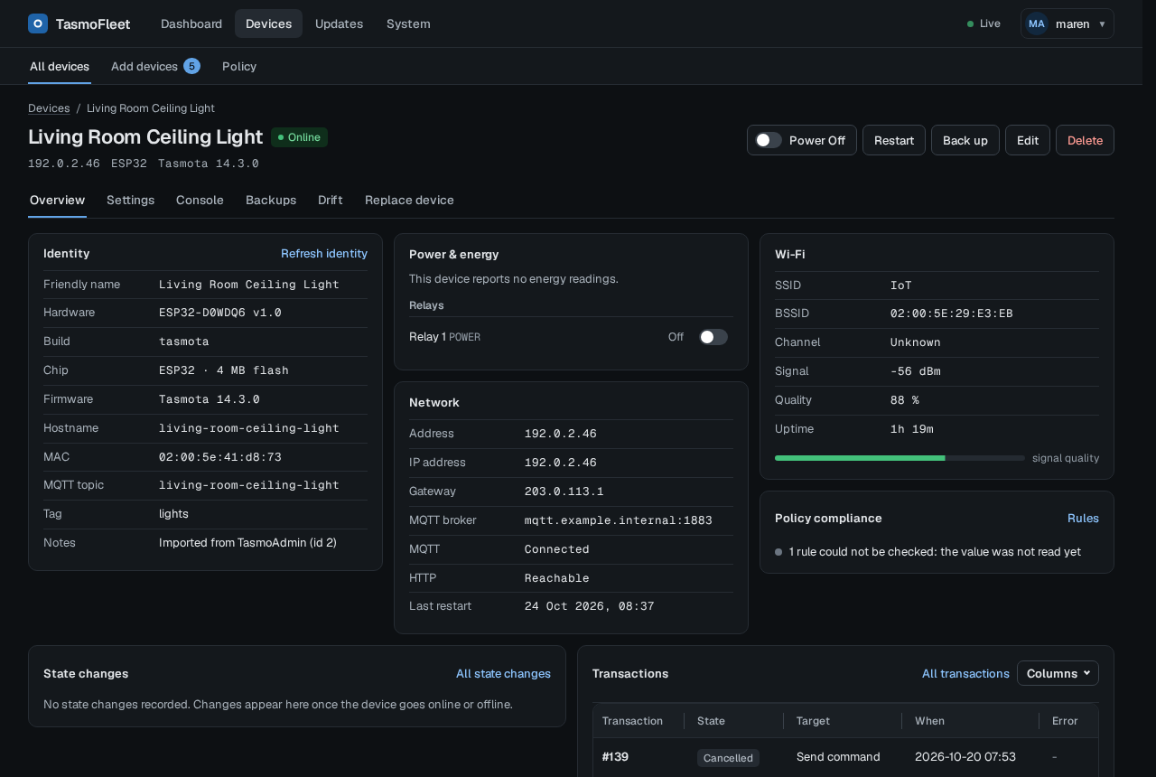Device overview in the dark theme