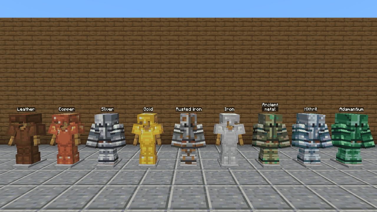 The nine plate armour sets, from leather to adamantium