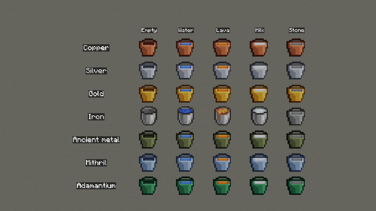 Metal buckets, empty or holding water, lava, milk or stone