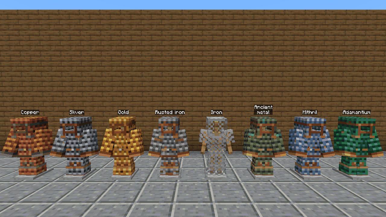 The eight chainmail sets, from copper to adamantium