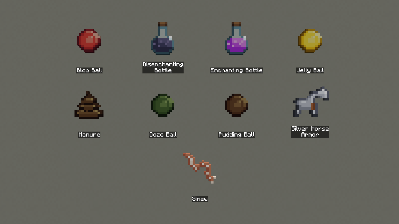 Mob drops, enchanting and disenchanting bottles, manure, silver horse armour
