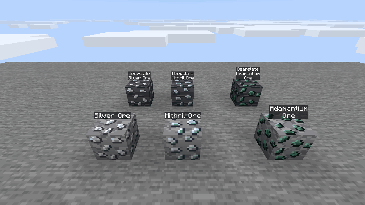 Silver, mithril and adamantium ores, stone and deepslate variants