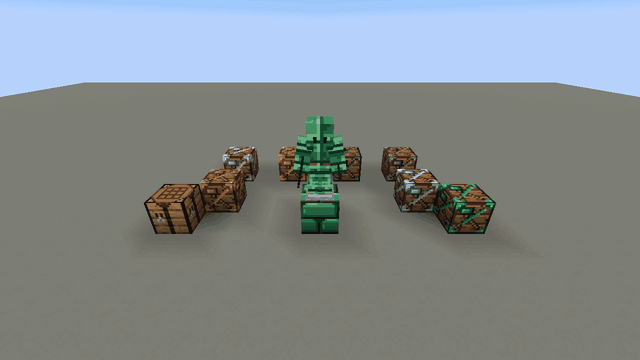 An adamantium-clad armour stand turning inside the ring of workbenches