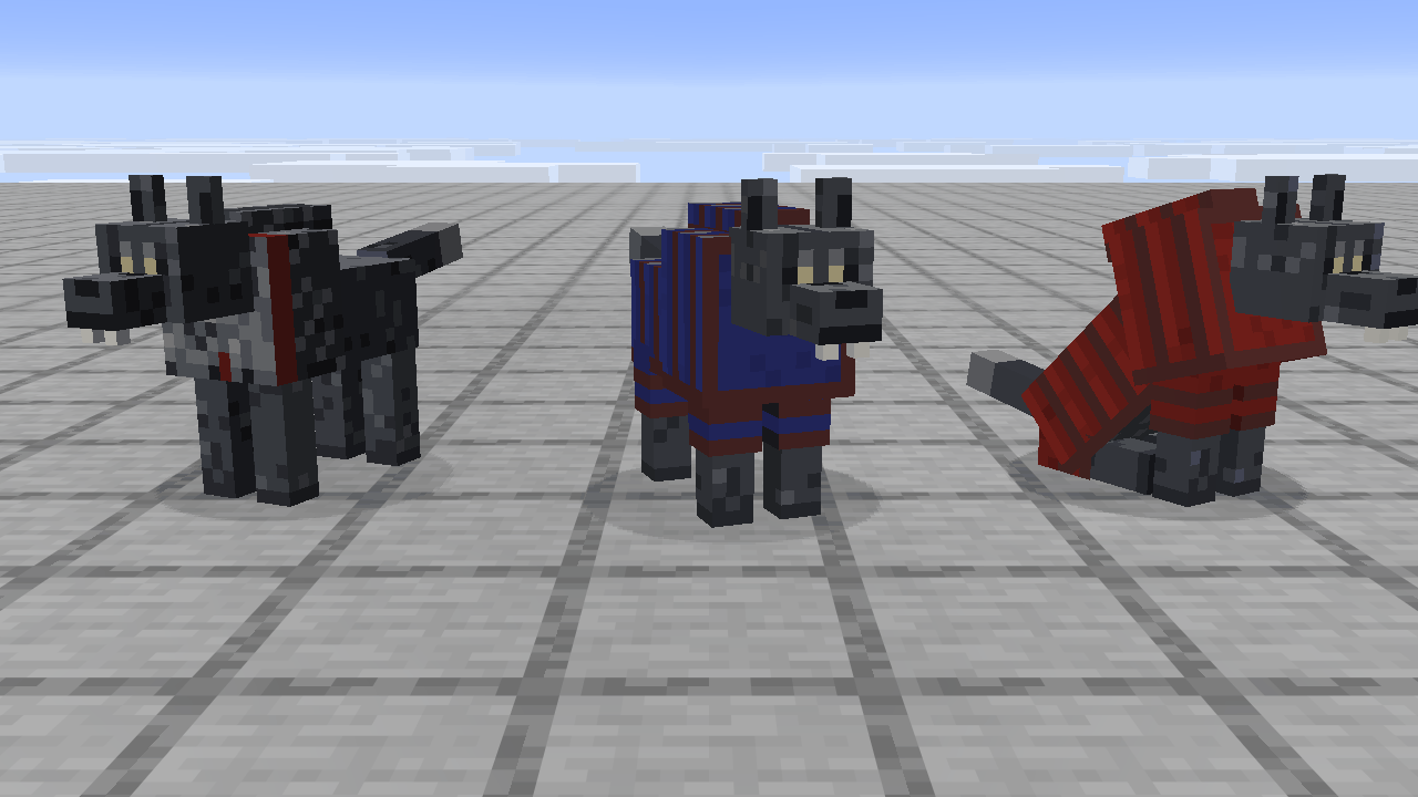 Tamed dire wolves: collar only, dyed wolf armour, sitting