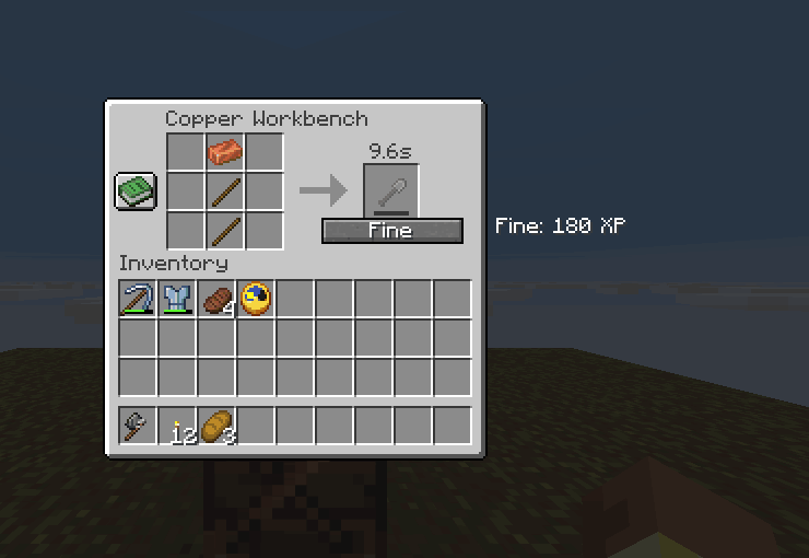 Timed crafting on a copper workbench with the target quality button and its XP cost