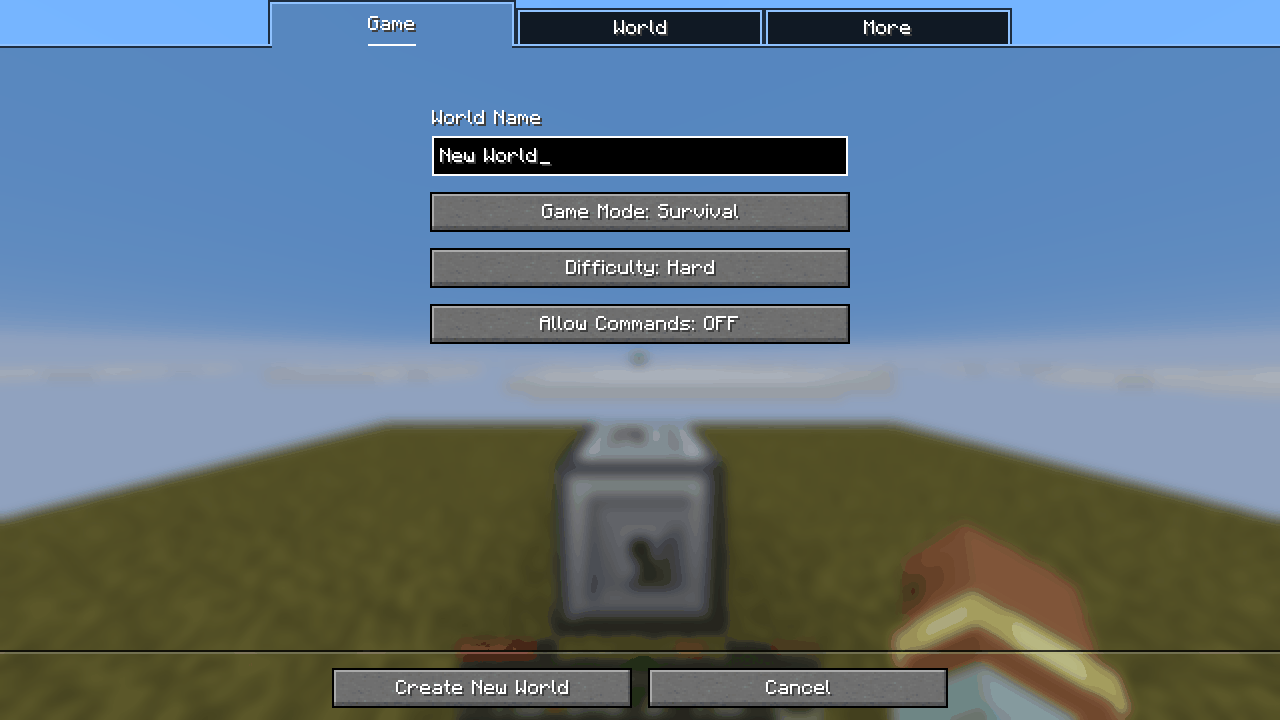 World creation starts on Hard (Large Biomes on the World tab)