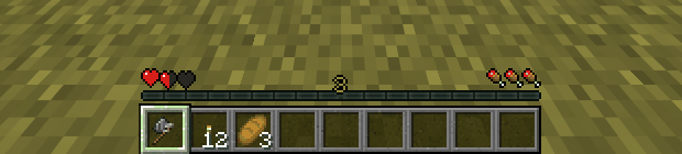 HUD at level 3: few hearts, MITE level number, food bar capped by level
