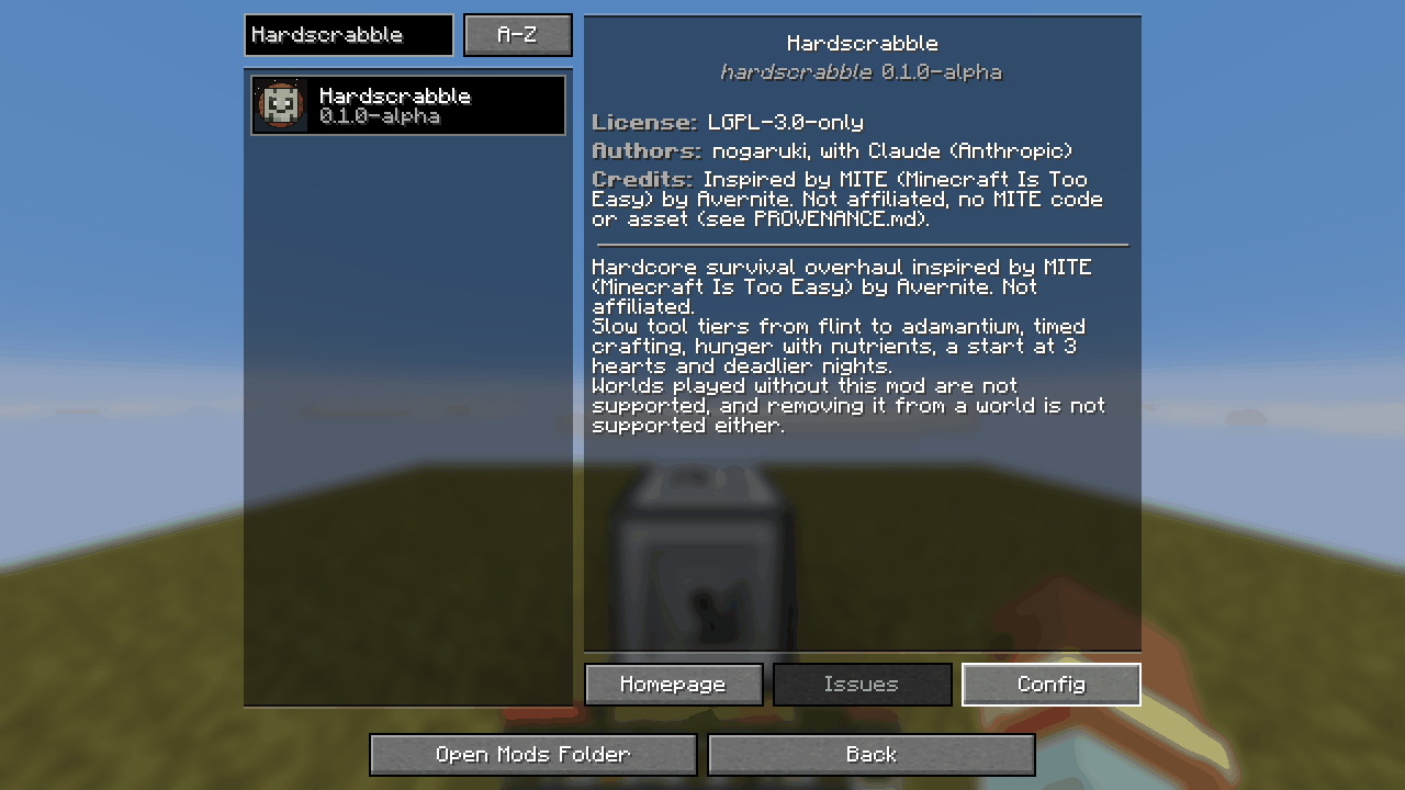 Mods > Hardscrabble: the Config button opens the config editor