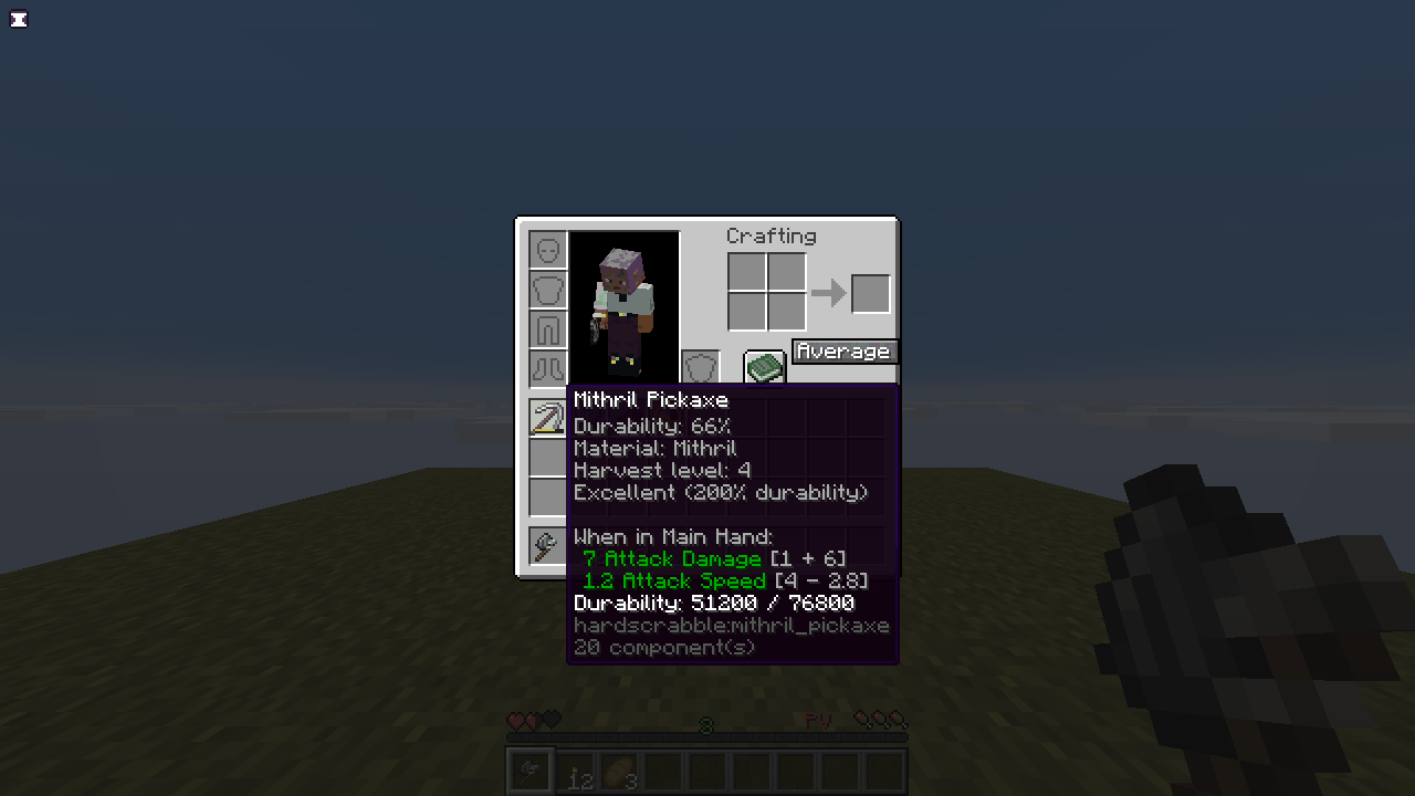 Tool tooltip: durability, material, harvest level, quality