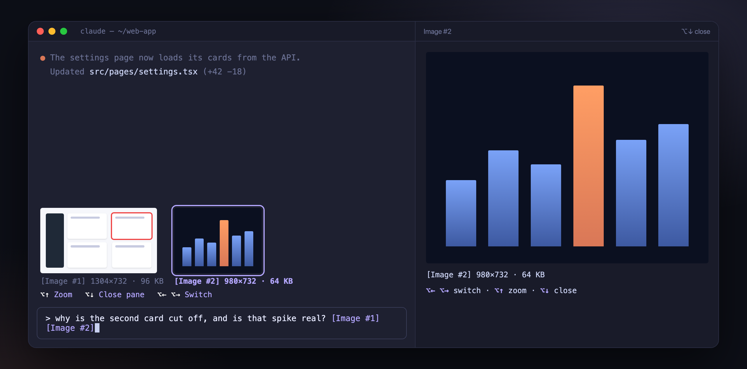 Side pane: the selected image large on the right, the thumbnails still above the prompt