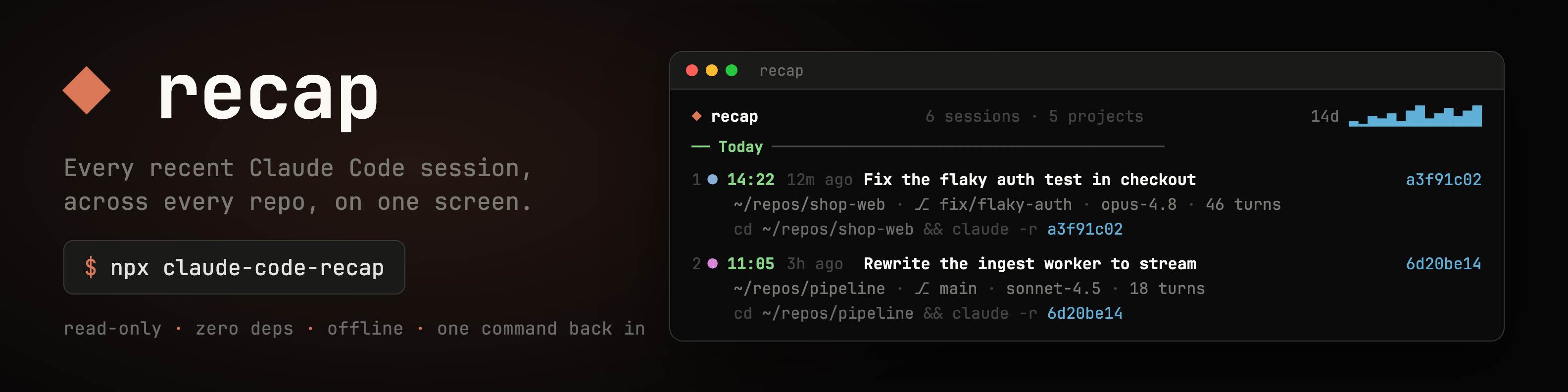 recap — get back into every Claude Code session