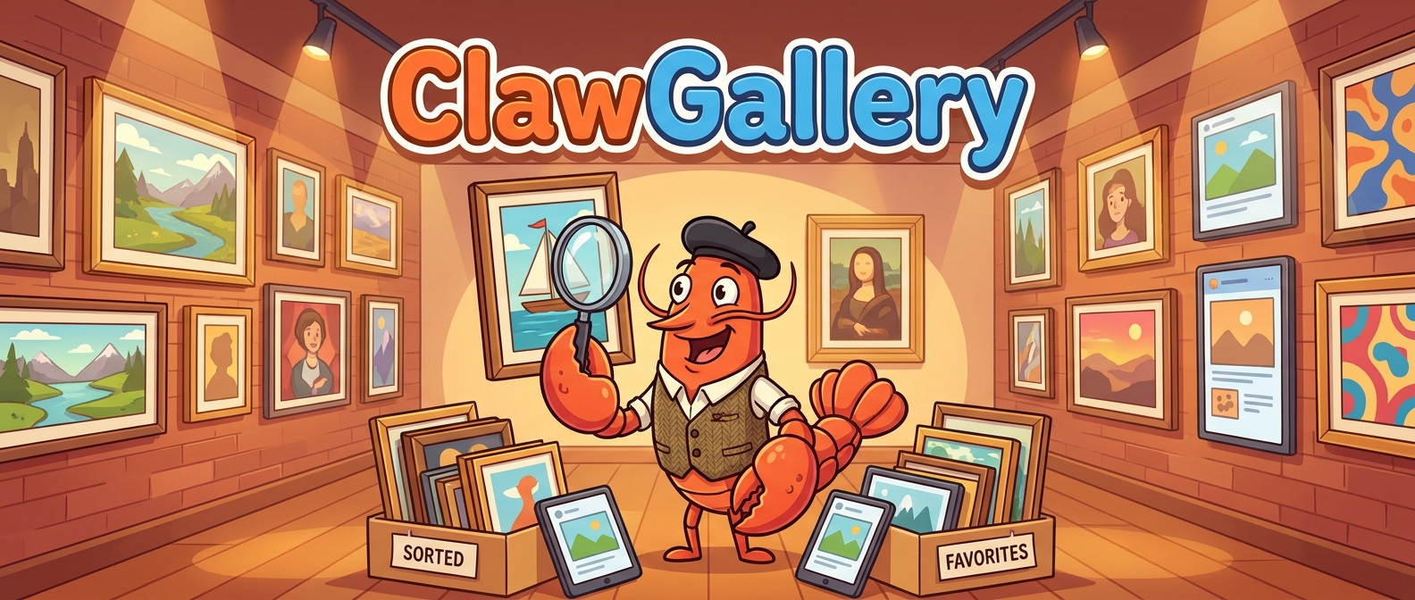 ClawGallery - a lobster curator sorting and inspecting artworks in a museum