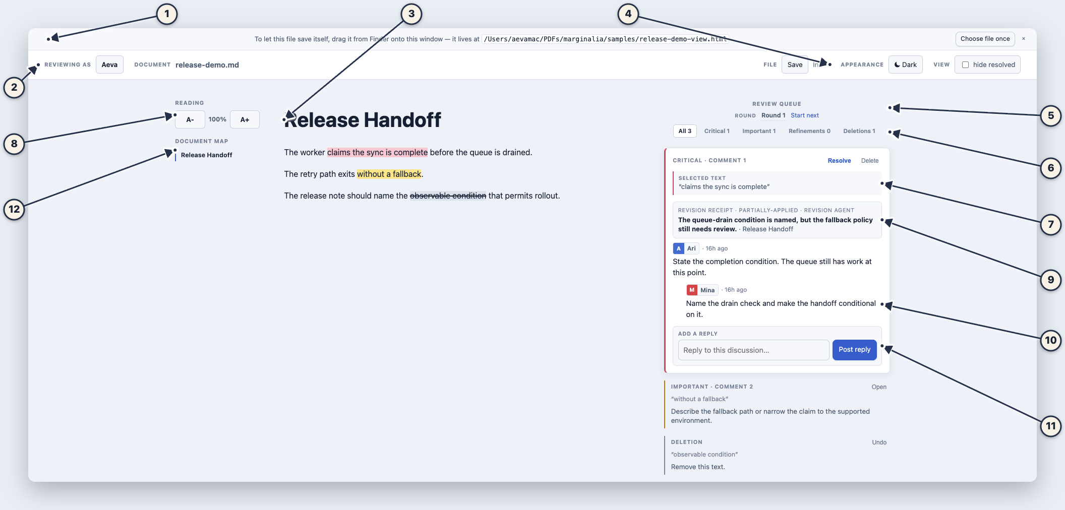 The complete Marginalia desktop workspace, annotated with numbered feature callouts.