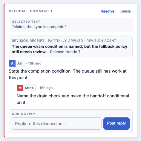 A focused Marginalia thread with a revision receipt, two reviewer signatures, and a reply composer.