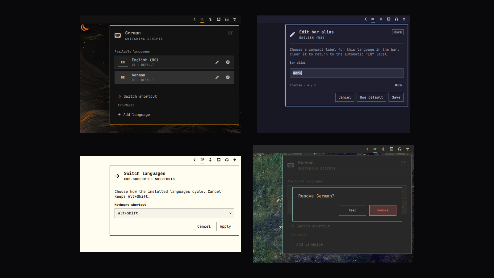 Keyboard Languages across four Omarchy Quattro themes