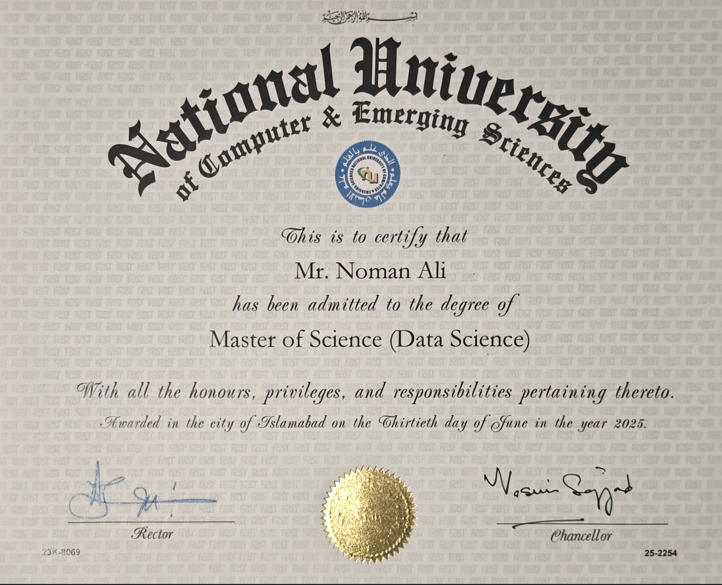 MS Data Science degree certificate awarded by NUCES-FAST to Noman Ali