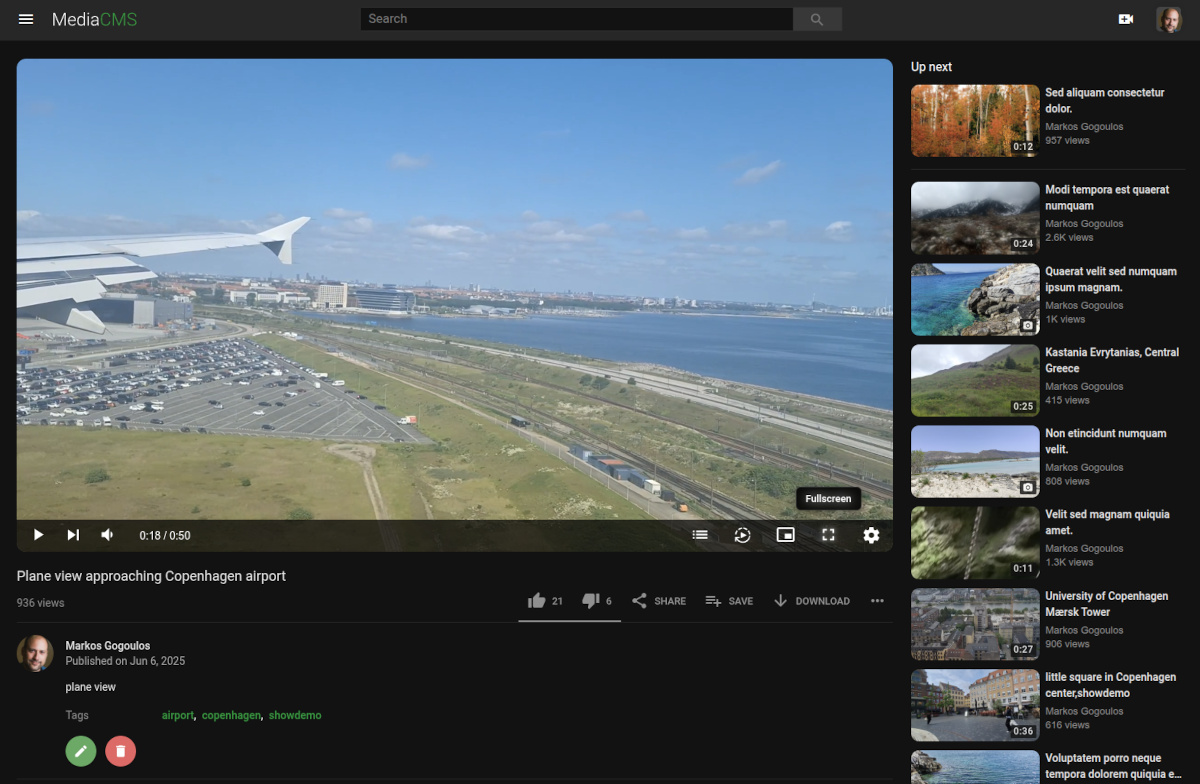 MediaCMS dark mode player with up-next sidebar