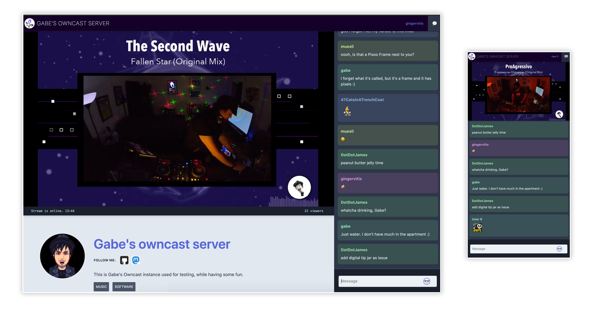 Owncast stream page with chat on desktop and mobile