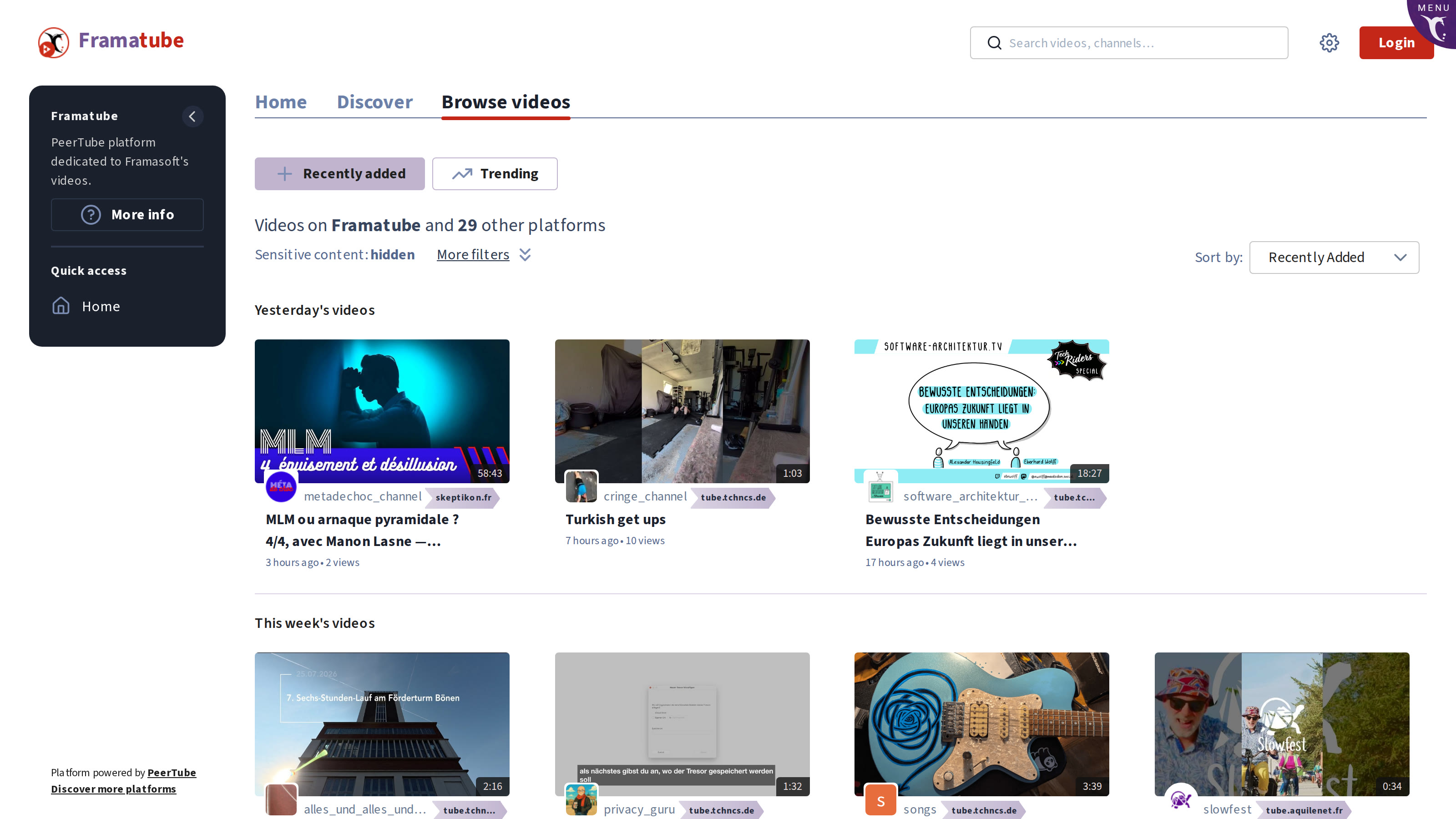 PeerTube video browsing across federated platforms