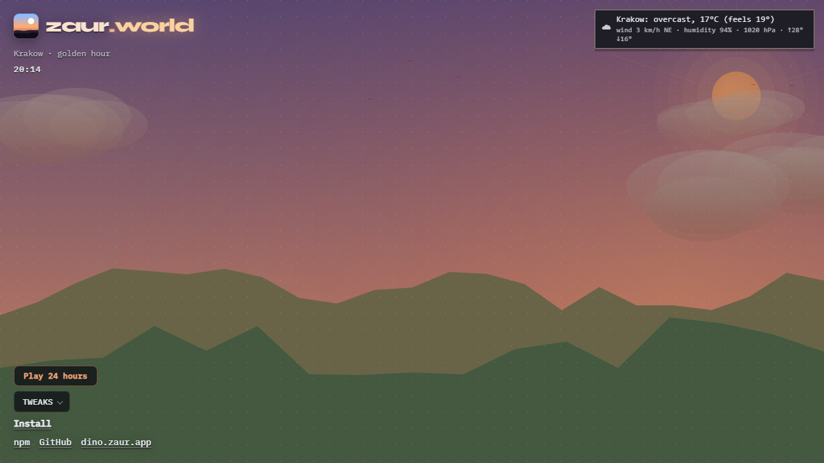 Golden hour — warm horizon, sun halo, parallax clouds