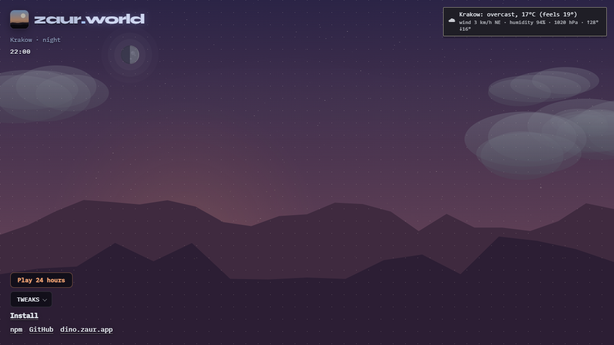 Night — phase-accurate moon, stars, city glow beyond the ridge