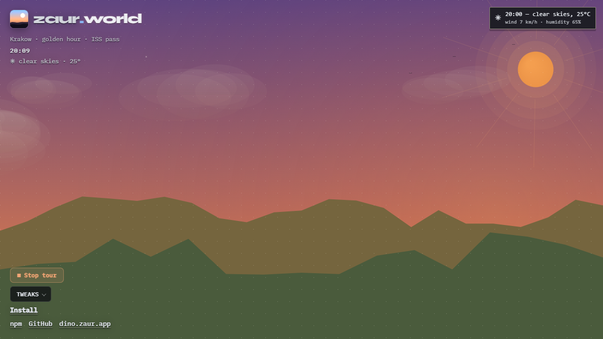 24-hour tour at golden hour — the forecast rides beside the clock while the weather card tracks the swept hour
