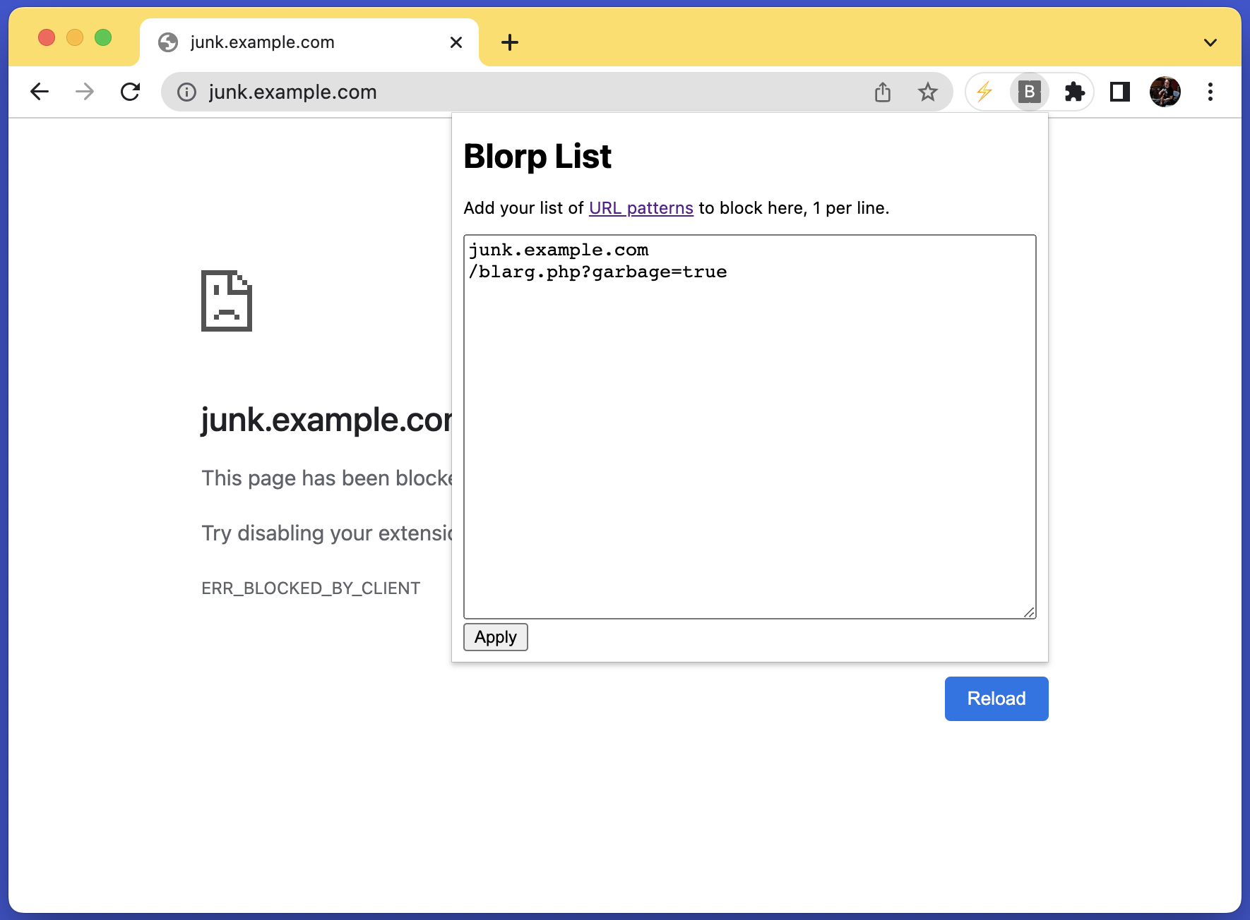 Screenshot of using the Blorp pop-up