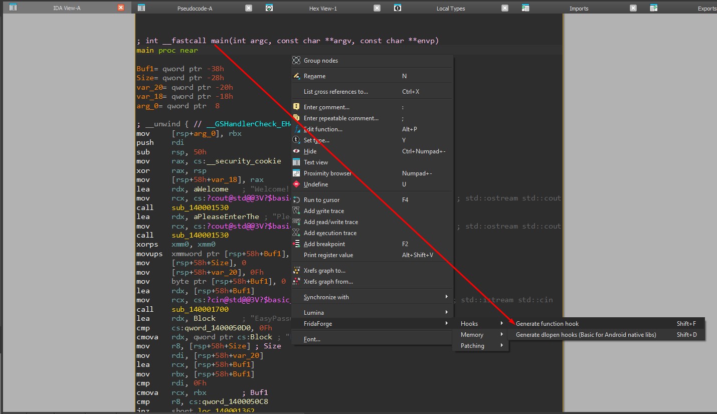 Generating a function hook from the FridaForge context menu