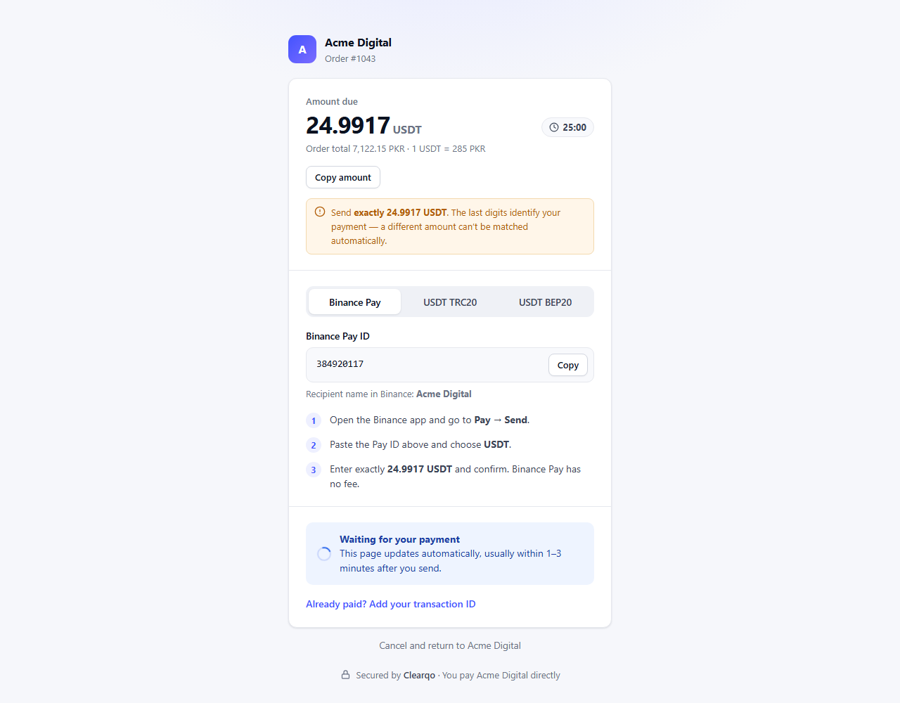 Clearqo hosted USDT payment page with Binance Pay ID, exact amount and countdown