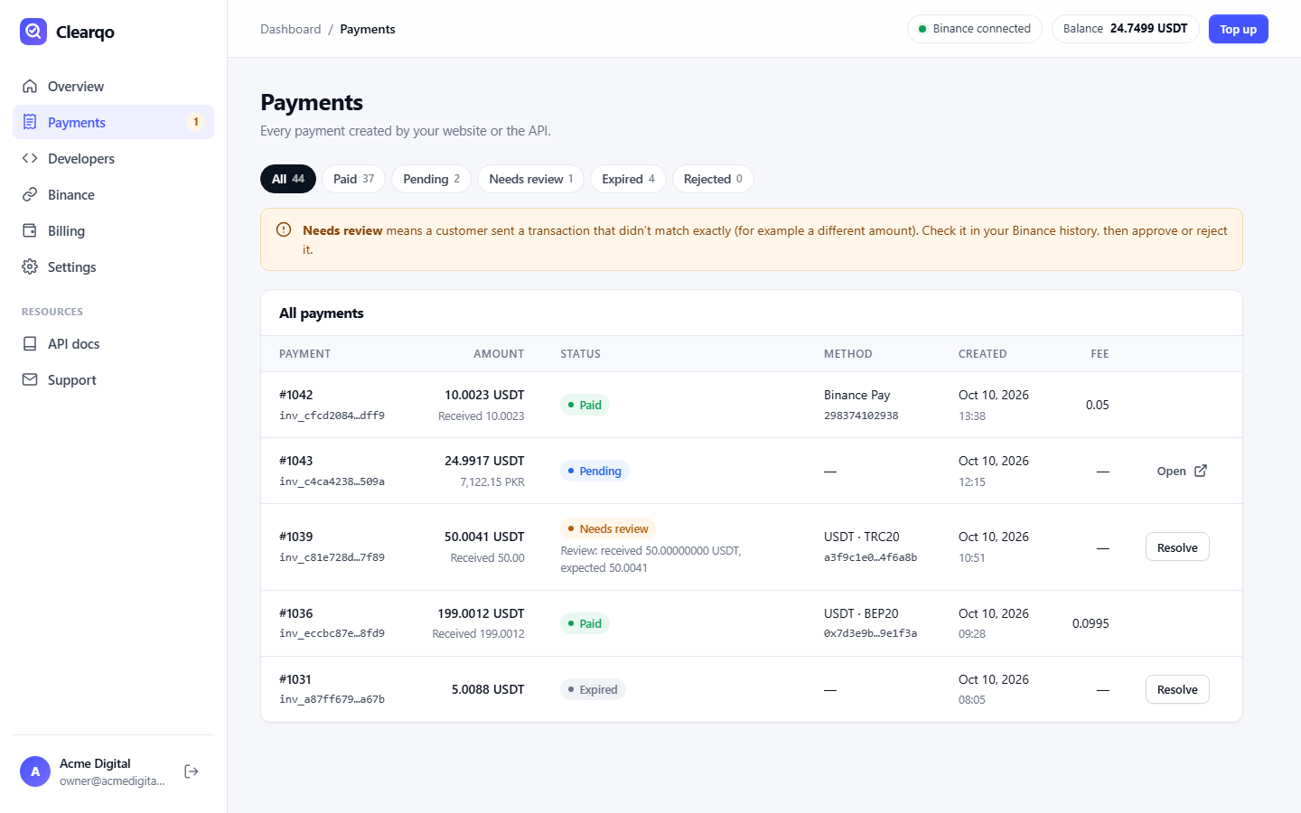 Clearqo merchant dashboard listing payments with status, method and transaction ID