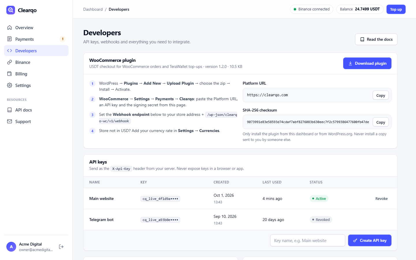 Clearqo developers page with WooCommerce plugin download, API keys and webhook settings