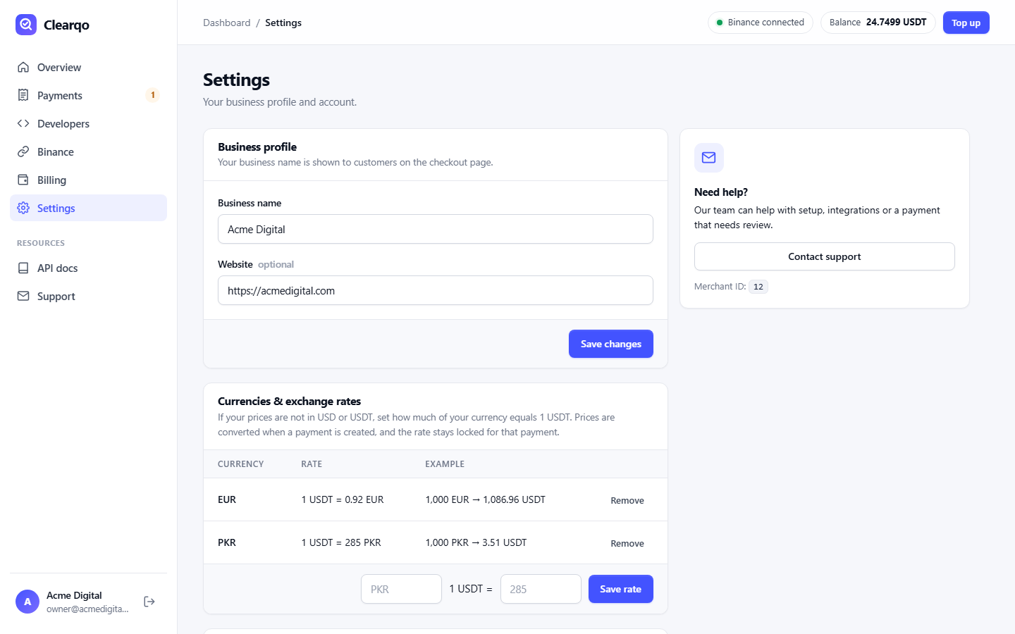 Clearqo currency settings: set 1 USDT = 285 PKR for stores priced in local currency