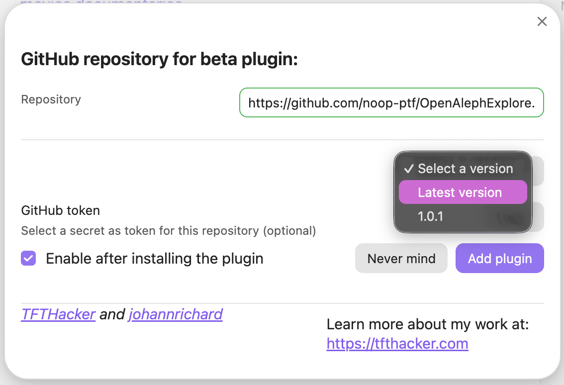 Screenshot demonstrating how to add the GitHub URL for the OpenAleph Explore plug-in to BRAT