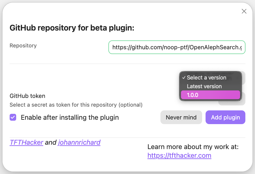 Screenshot demonstrating how to add the GitHub URL for the OpenAleph Search plug-in to BRAT