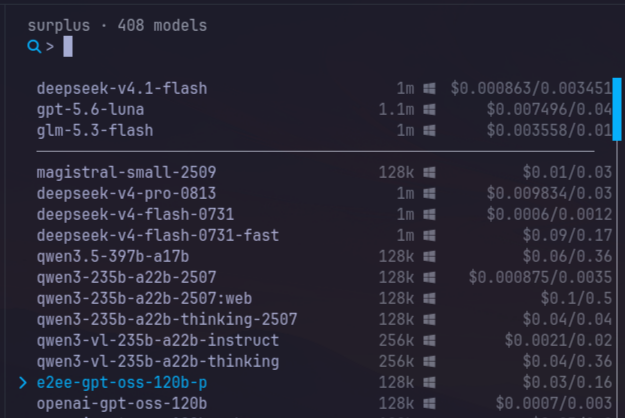 Model picker showing 408 surplus models with live pricing