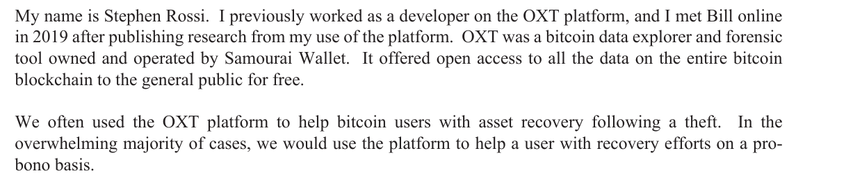 OXT developer's letter describing OXT as owned and operated by Samourai Wallet
