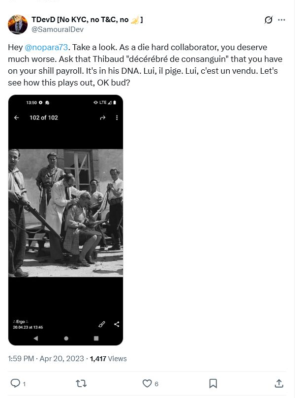 TDevD telling nopara73 that as a collaborator he deserved much worse beside an image of an armed public punishment