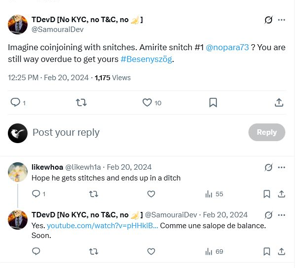 TDevD saying nopara73 was overdue to get his, followed by a ditch threat that TDevD answered yes and soon