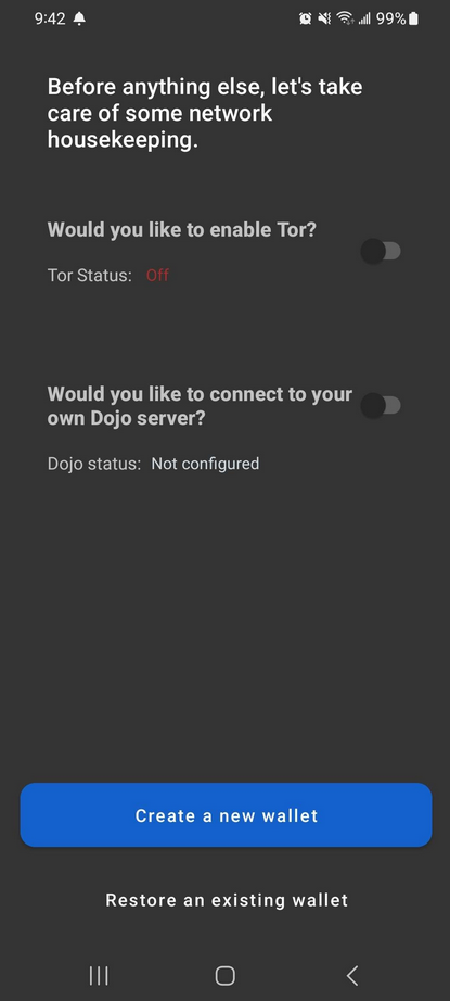 Samourai wallet creation screen showing Tor off and Dojo not configured