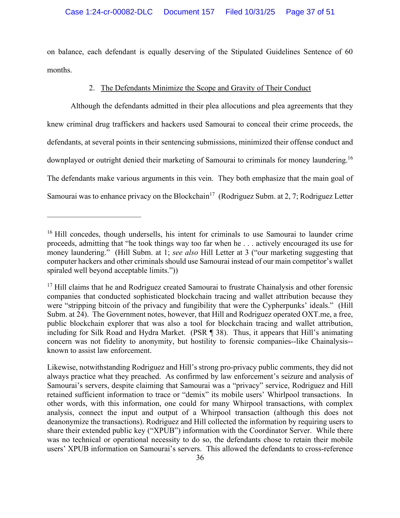 Government sentencing memorandum explaining that retained xpubs could be used to trace or demix mobile users' Whirlpool transactions