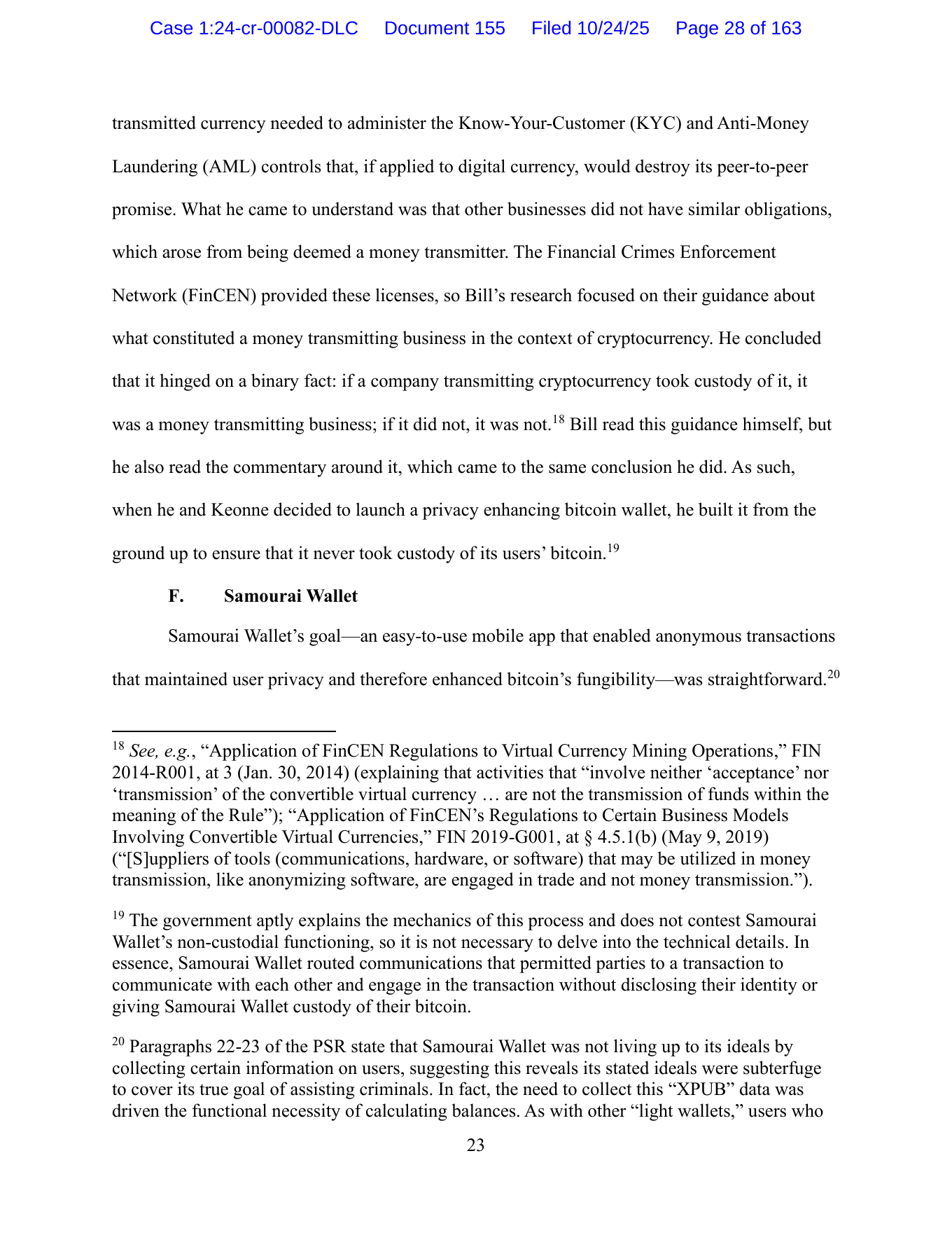 Hill sentencing submission beginning its discussion of Samourai Wallet and xpub collection