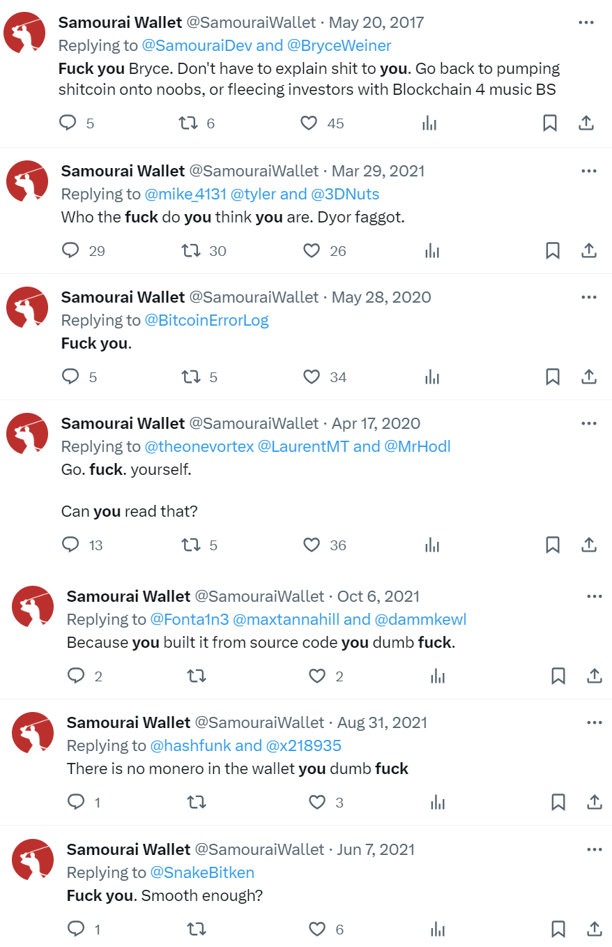 Examples of abusive replies from the official Samourai Wallet account