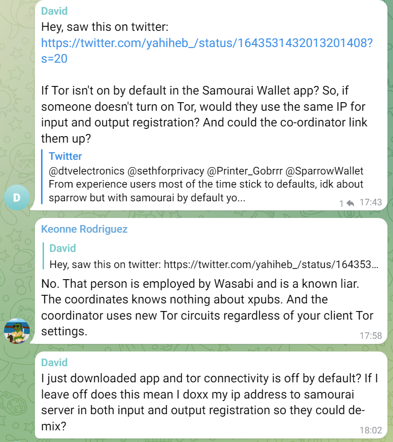 Conversation in which Keonne Rodriguez said Whirlpool used new Tor circuits regardless of client settings