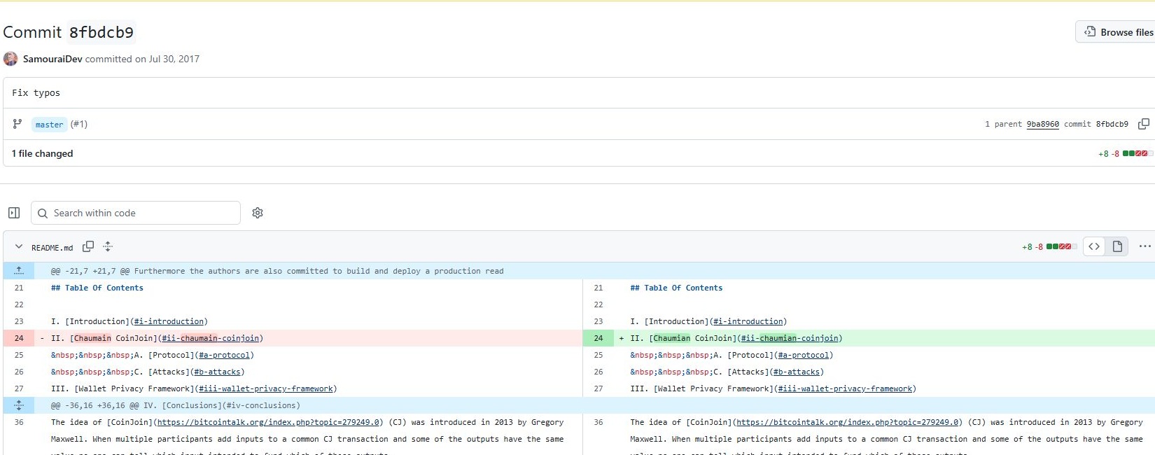 GitHub record of SamouraiDev's first ZeroLink commit titled Fix typos