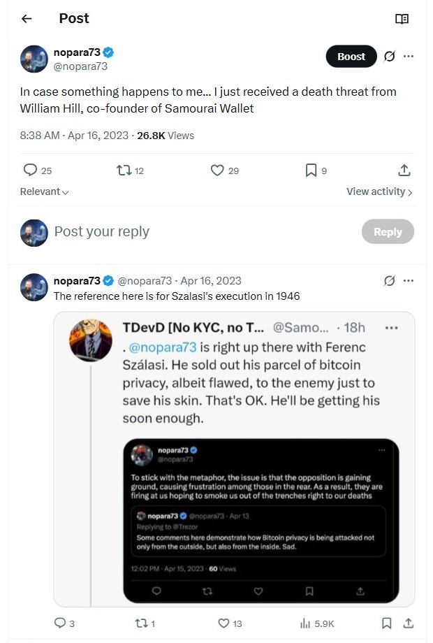 nopara73's April 2023 public statement that he had received a death threat from William Hill