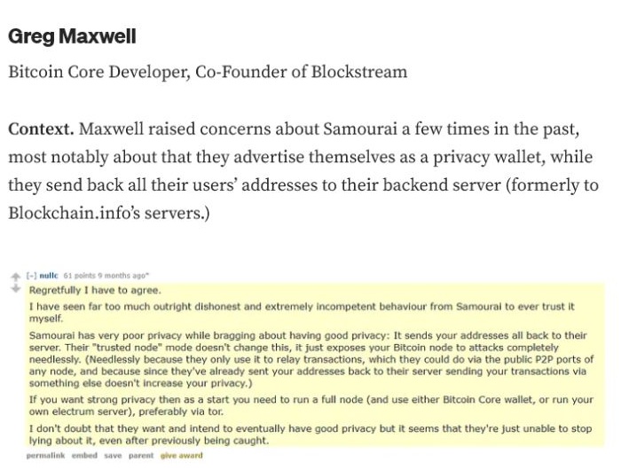 SamouraiLeaks Part 2 showing Gregory Maxwell's warning about Samourai's backend privacy