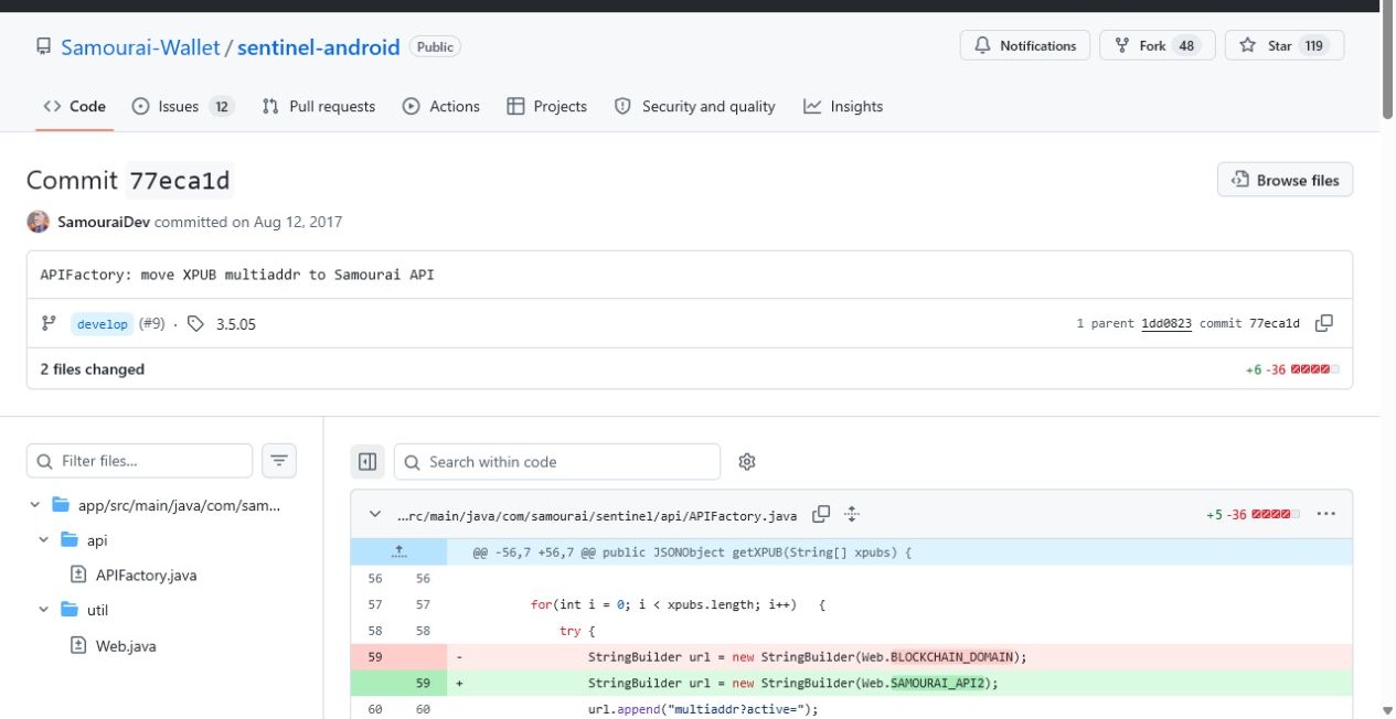 GitHub commit moving Sentinel xpub queries from Blockchain.info to the Samourai API