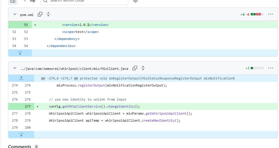 Whirlpool code adding changeIdentity before output registration