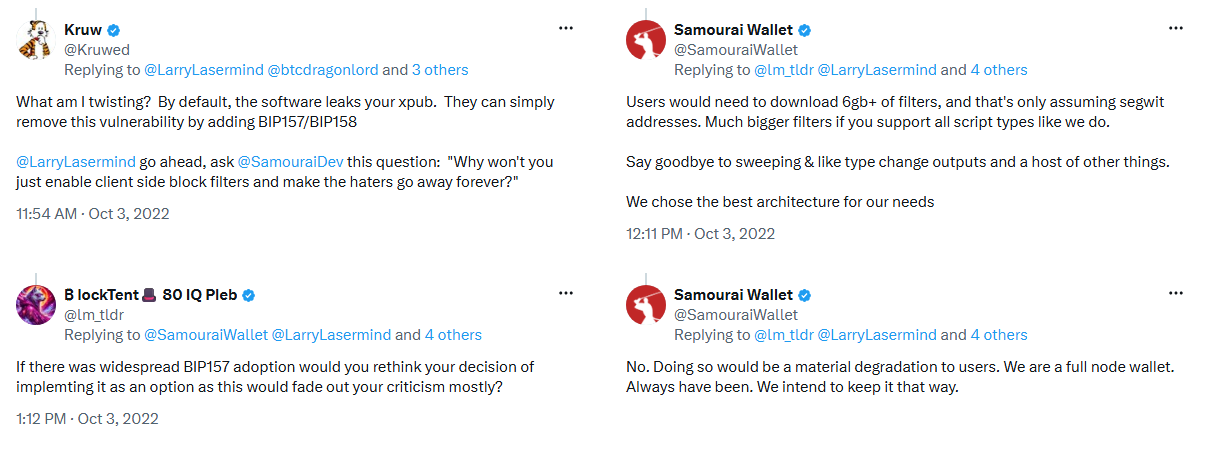 Four posts from Samourai's October 2022 xpub and BIP157 exchange